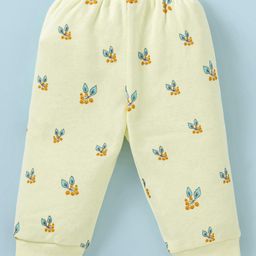 Tango Fleece Knit Full Sleeves Front Open Hooded Jhabla & Pant Set With Floral Print - Light Yellow image 5
