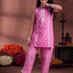 Libas Kids Pink Pure Cotton Regular Fit Floral Kurta Sets-image-3