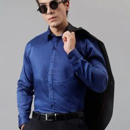 Hancock Navy Cotton Slim Fit Self Pattern Shirt-image-64