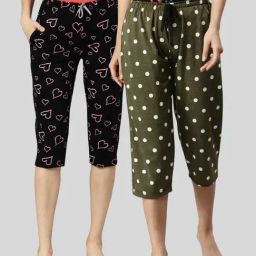 Kryptic Black & Green Elasticated Waist Band Relaxed Fit Printed Cotton Capris - Pack of 2-image-67
