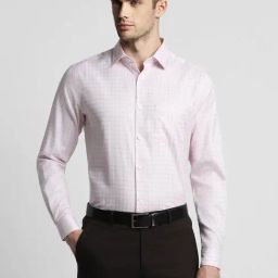 Peter England Elite Soft Pink Cotton Regular Fit Checks Shirt-image-25