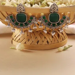 Zaveri Pearls Green Silver Oxidised Stones & Beads Traditional Drops Earring-ZPFK16698 image 2