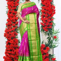 Unnati Silks Pink & Green Silk Woven Saree With Unstitched Blouse-image-15