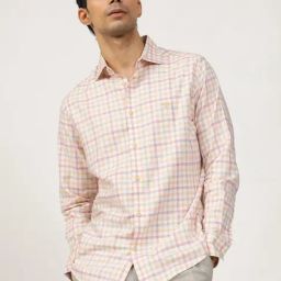 Andamen Orange Cotton Slim Fit Checks Shirt-image-25
