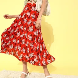 KASSUALLY Women Gorgeous Red Floral Pleated Form Skirt-image-99