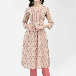 Span Beige Printed A Line Kurta-image-7