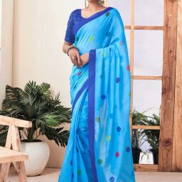 Satrani Sky Blue Polka Dots Saree With Unstitched Blouse-image-40
