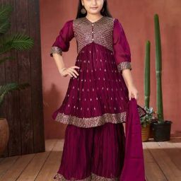 Aarika Girls Purple Embroidered Kurti, Sharara with Dupatta-image-65
