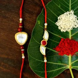 Karatcart Gold-Plated Kundan Rakhi with Roli Chawal & Greeting Card for Brother - Set of 2-36