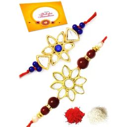 Karatcart Gold-Plated Kundan Rakhi with Roli Chawal & Greeting Card for Brother - Set of 2-23