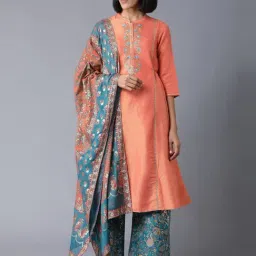 Aurelia Peach & Sky Blue Zari Work Kurta Palazzo Set With Dupatta-picture-45