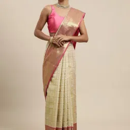 Blissta Cream Silk Chequered Kanjeevaram Saree With Unstitched Blouse-image-4