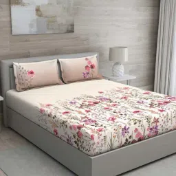 GM 'Matthiola' Pink & Purple Cotton 150 TC Double Bedsheet with 2 Pillow Covers-image-34