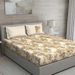 GM 'Matthiola' Brown & Beige Cotton 150 TC Double Bedsheet with 2 Pillow Covers-14