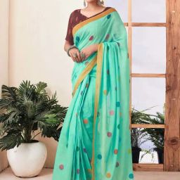 Satrani Turquoise Polka Dots Saree With Unstitched Blouse-picture-7