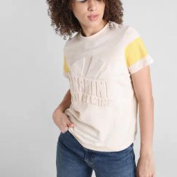 Only Beige Cotton Graphic Print T-Shirt-image-100