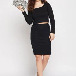 Club York Black Cotton Blend Crop Top With Skirt-image-97