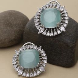 Zeneme Rhodium Plated Silver-Toned Sea Green AD Contemporary Stud Earrings-12