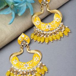 Zeneme Gold Plated Yellow Enamelled & Yellow Pearls Chand Bali Earrings-5