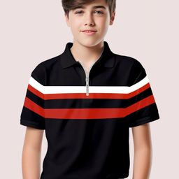 Kiddy Viddy Boys Colourblocked Striped Half Sleeve Zipper Polo Collar T-shirt-image-22