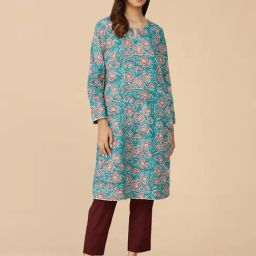 Fabindia Aqua Blue Cotton Floral Print Straight Kurta-image-66