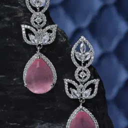Zeneme Rhodium Plated Pink AD Studded Teardrop Shaped Drop Earrings-image-87