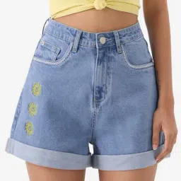 The Souled Store Blue Cotton Embroidered Shorts-image-58