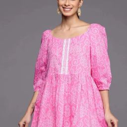Libas Pink Cotton Printed A Line Short Kurti-image-77