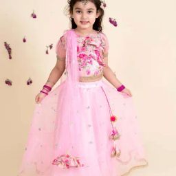 Pspeaches Girls Pink Regular Fit Floral Print Lehenga Choli-picture-1