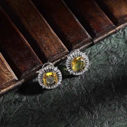 Zeneme Rhodium Plated Silver-Toned Yellow AD Contemporary Stud Earrings-6