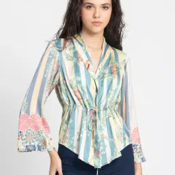 SHAYE Beige & Blue Floral Print Shirt-image-34