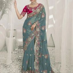 Odette Teal Organza Embroidered Saree With Unstitched Blouse-picture-24