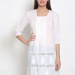 PARAMOUNT CHIKAN White Cotton Hand Embroidered Chikankari A Line Kurti-image-37