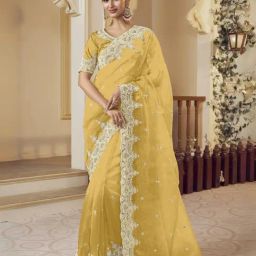 Odette Yellow Organza Embellished Saree With Unstitched Blouse-picture-42