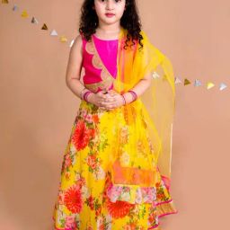 Pspeaches Girls Yellow Cotton Regular Fit Floral Print Lehenga Choli-picture-5