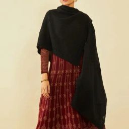 Soch Black Acrylic Floral and Geometric Pattern Shawl with Beaded Tassels-image-98