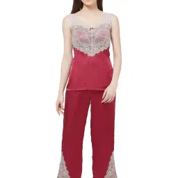 Soie Red Lace Top With Pyjama Set image 1