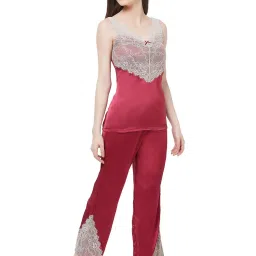 Soie Red Lace Top With Pyjama Set image 3