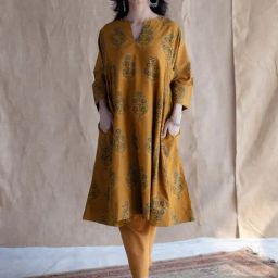 The Indian Ethnic Co Mustard Cotton A-Line Ajrakh Handblock Printed Kurta-image-26