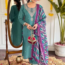 GRIOPY Women Ethnic Motifs Embroidered Thread Work Kurta with Trousers & With Dupatta-picture-20