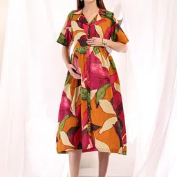 House Of Zelena Printed Lapel Collar Maternity Cotton Shirt Midi Dress-picture-2