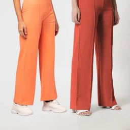 Kotty Orange & Rust Solid High rise Trousers (Pack Of 2)-77