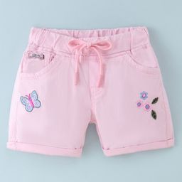 Olio Kids Cotton Woven Knee Length Shorts With Floral Embroidery - Pink-picture-8