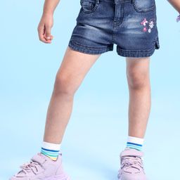 Babyhug Denim Mid Thigh Length Shorts With Stretch Butterfly & Floral Embroidery - Blue-image-68