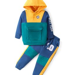 Babyhug Cotton Knit Full Sleeves Hooded Color Block T-Shirt & Lounge Pants Set With Text & Number Print - Green & Navy-image-96