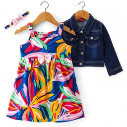 Babyhug Single Jersey Knit Abstract Printed Frock With Full Sleeves Denim Jacket & Headband - Multicolor-image-78