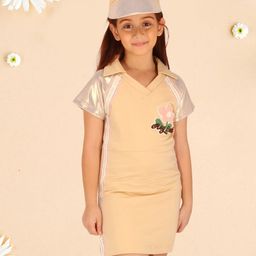 Cutecumber Knitted Shiny Half Sleeves Floral Applique Detailed Tennis Dress With Cap - Beige-image-92