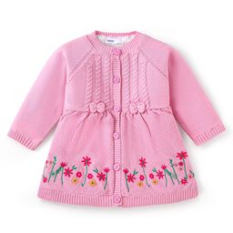 Babyoye Cotton Knitted Full Raglan Sleeves Woollen Dress with Floral Embroidery & Bow Applique - Pink-image-5
