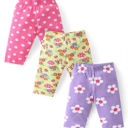 Babyhug Cotton Lycra Knit Three Fourth Leggings with Polka Dots & Floral Print Pack of 3 - Pink Yellow & Purple-image-76