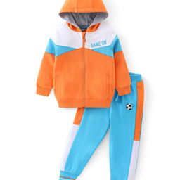 Babyhug Terry Knit Full Sleeves Cut & Sew Colour Block Joggers Set Text Print - Orange & Blue-image-88